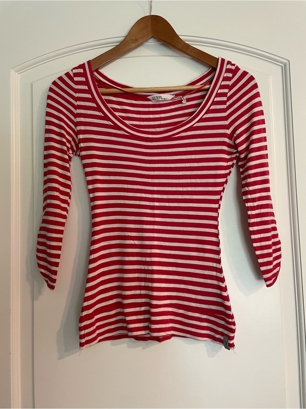 Guess Red & White Striped Scoop Neck Long Sleeve Y2K Top XS